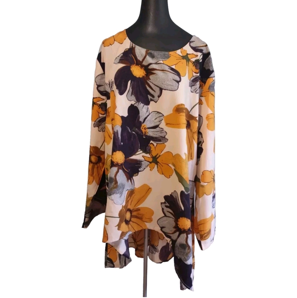Shein Top 4X Boho Hippie Floral Silky Cottagecore Popover Hi Lo Hem Shirt Blouse